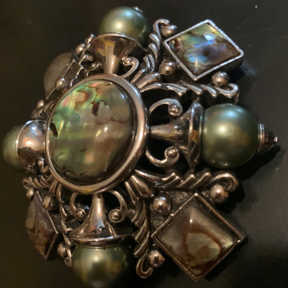 Signed Joan Rivers Maltese Cross Silver Tone Brooch with Faux Pearls and Abalone